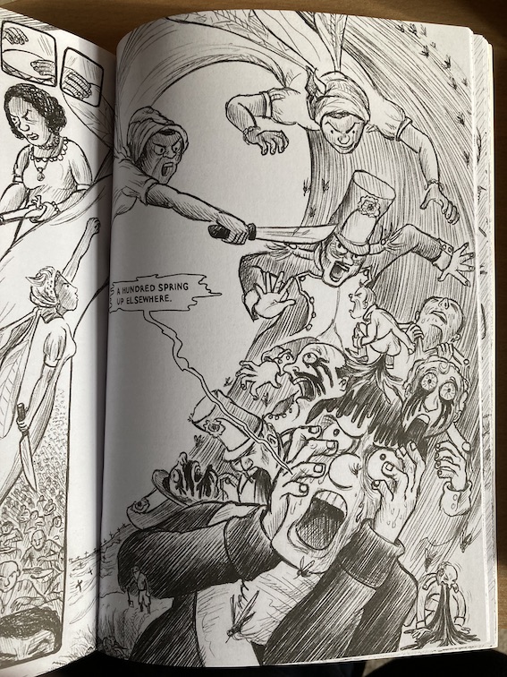 Page from the graphic novel which follows the image shown earlier. A gigure clutches his face andhis speech bubble reads "A hundred spring up elsewhere"